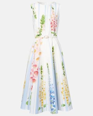 Oscar de la Renta Floral Trompe L'Oil Cotton-Blend Midi Dress - Blue