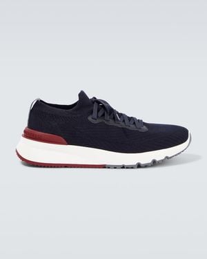 Brunello Cucinelli Knitted Leather-Trimmed Trainers - Blue