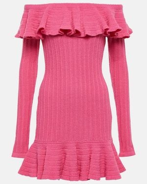 Blumarine Off-Shoulder Ruffled Wool Minidress - Pink