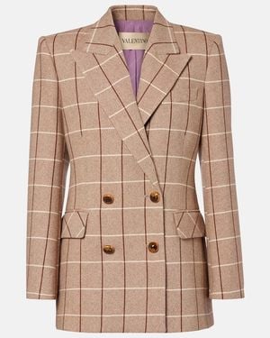 Valentino Checked Double-Breasted Virgin Wool Blazer - Brown