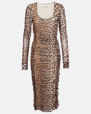 Ganni Leopard-Print Ruched Mesh Midi Dress - Brown