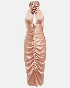 Alessandra Rich Ruched Cutout Satin Midi Dress - Pink