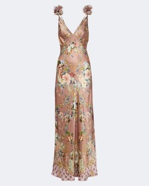 CAMILLA Floral Silk Satin Slip Dress - Metallic