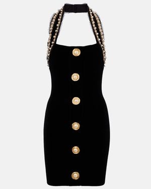 Balmain Faux Pearl-Embellished Velvet Minidress - Black