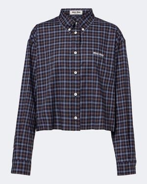 Miu Miu Camisa De Algodon A Cuadros Con Logo - Azul