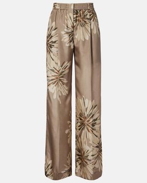 Brunello Cucinelli Floral Silk Pongee Wide-Leg Pants - Natural