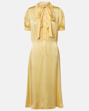 Prada Ruffled Tie-Neck Satin Midi Dress - Yellow