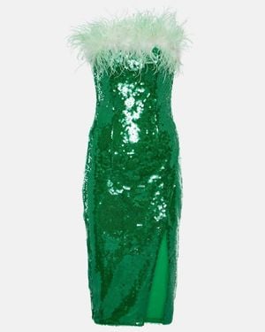Self-Portrait Feather-Trimmed Sequined Midi Dress - Green
