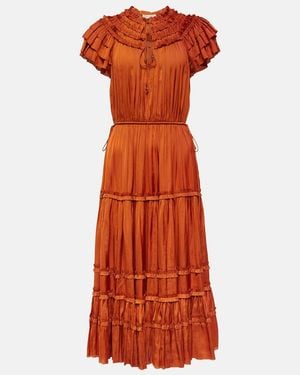 Ulla Johnson Isadora Pleated Satin Midi Dress - Orange