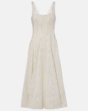 STAUD Striped Pleated Cotton Midi Dress - White