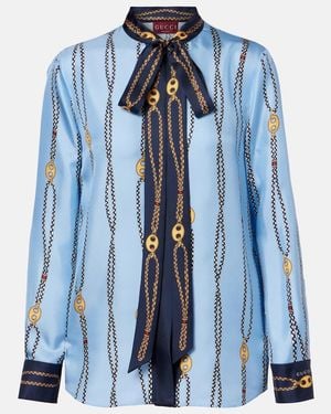 Gucci Printed Tie-Neck Silk Twill Shirt - Blue