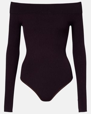 Alaïa Ribbed-Knit Off-Shoulder Bodysuit - Blue