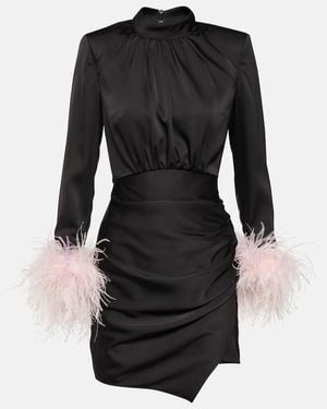 Self-Portrait Feather-Trimmed Satin Minidress - Black