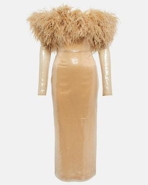 David Koma Feather-Trimmed Sequined Midi Dress - Natural