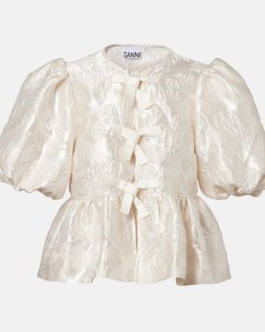 Ganni Peplum Satin Jacquard Blouse - Natural