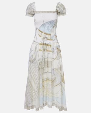 Tory Burch Printed Shirred Silk And Cotton Midi Dress - White