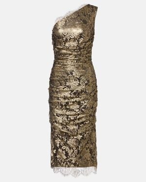 Dolce & Gabbana One-Shoulder Lame Lace Midi Dress - Metallic