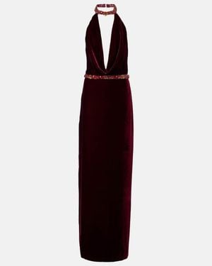 Costarellos Draped Embellished Halterneck Velvet Gown - Purple
