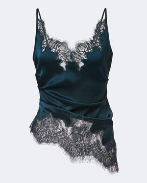 JACQUES WEI Top Lencero De Saten Fruncido Con Encaje - Azul