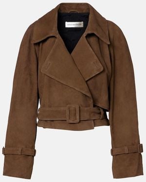 Nour Hammour Hatti Belted Cropped Suede Trench Coat - Brown