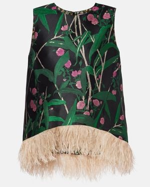 La DoubleJ La Scala Feather-Trimmed Jacquard Top - Green