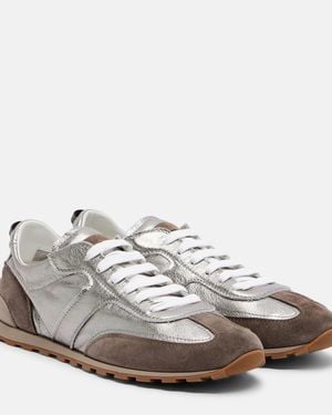 Brunello Cucinelli Monili Suede-Trimmed Metallic Leather Sneakers - White
