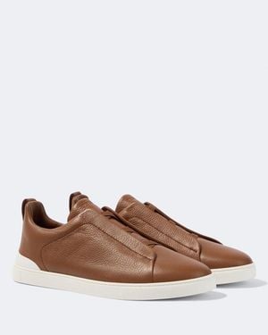 ZEGNA Triple Stitch Leather Trainers - Brown