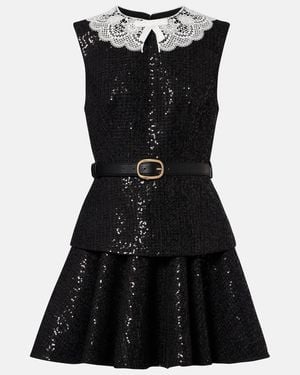 Self-Portrait Belted Sequined Boucle Minidress - Black