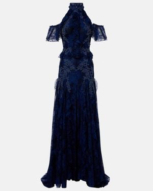 Costarellos Embellished Halterneck Lace Gown - Blue