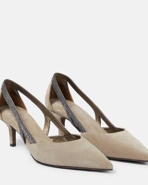 Brunello Cucinelli Embellished Suede Slingback Pumps - Natural