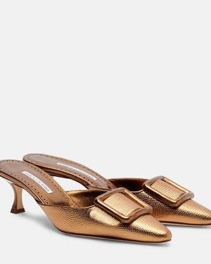 Manolo Blahnik Maysale 50 Metallic Leather Mules - Brown