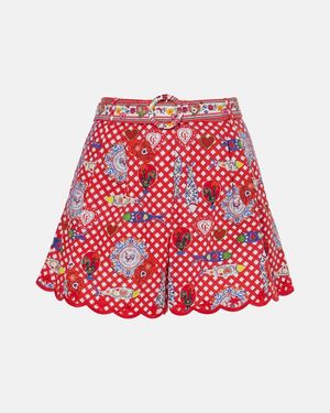 CAMILLA Printed Scalloped Cotton Shorts - Red