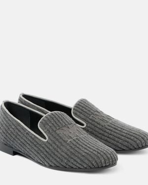 Max Mara Logo Embroidered Velvet Corduroy Loafers - Gray
