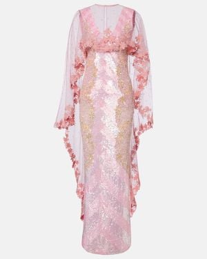 La Fuori Panorama Embellished Caped Gown - Pink