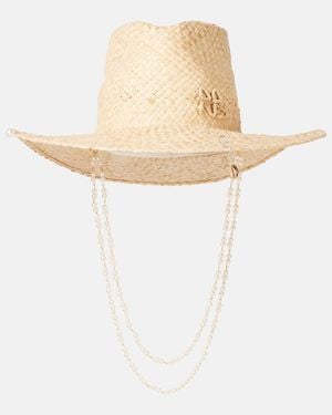 Ruslan Baginskiy Logo Faux Pearl-Embellished Straw Fedora - White