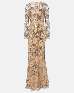 Elie Saab Sequined Sheer Tulle Gown - Natural