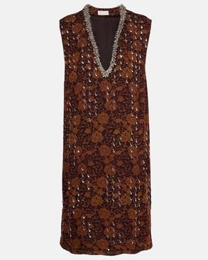 Dries Van Noten Floral Embellished Georgette Midi Dress - Brown