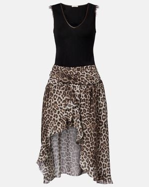 JACQUES WEI Lace-Trimmed Leopard-Print Asymmetric Midi Dress - Black