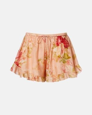 Zimmermann Roselight Floral Ruffled Silk Shorts - Pink