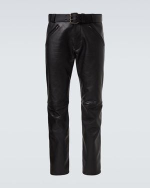 Saint Laurent Belted Leather Straight Trousers - Black