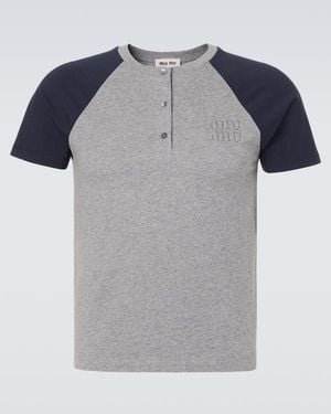 Miu Miu Logo Cotton Jersey Henley Shirt - Grey