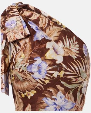 Zimmermann Coco Floral One-Shoulder Cotton Top - Brown