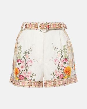 CAMILLA Floral High-Rise Belted Linen Shorts - White