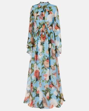 Erdem Caped Floral Silk Voile Gown - Blue