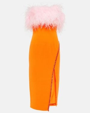 Self-Portrait Feather-Trimmed Crepe Midi Dress - Orange