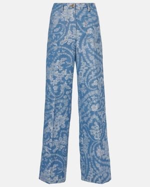 Etro Printed Cotton And Linen Wide-Leg Trousers - Blue