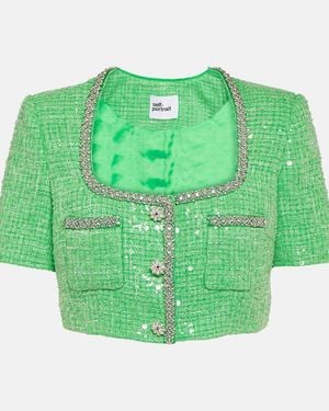 Self-Portrait Sequined Embellished Boucle Crop Top - Green