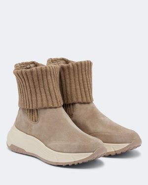 Hogan H669 Knitted Suede Ankle Boots - Brown