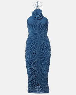 Magda Butrym Floral-Applique Ruched Midi Dress - Blue