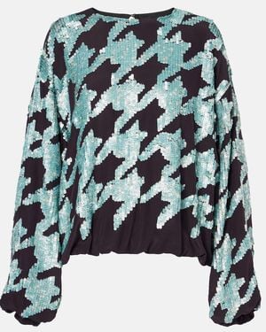 Dries Van Noten Sequined Houndstooth Silk Sweatshirt - Blue